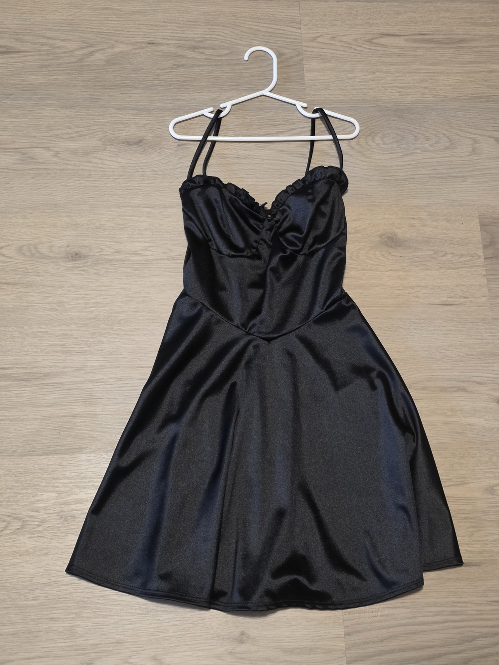 Windsor Black Satin Corset Mini Dress XS Ruffle Bust Spaghetti Strap